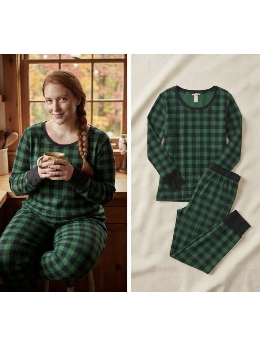 Victoria’s Secret/Pink Thermal Pajama Set Green&Black Checkered Plaid Size  XXL